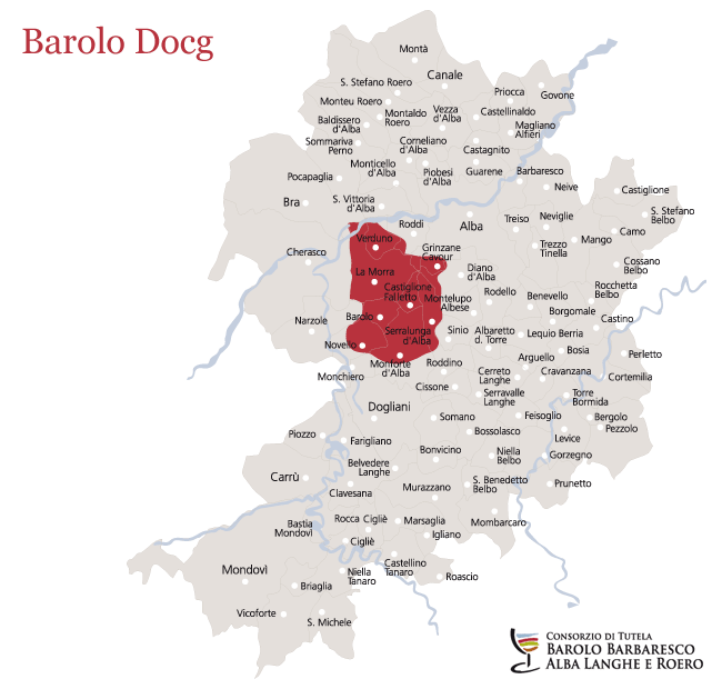 cartina delle zone di produzione del Barolo docg