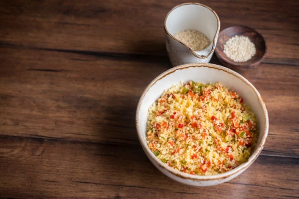 cous cous, Cous cous al pesto, feta e pomodorini